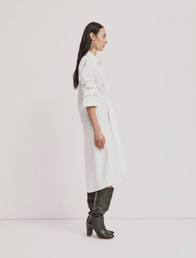 Side view of Ophelia Shirtdress in white with long sleeves