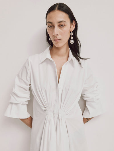 Close-up of white Ophelia Shirtdress with ruched waist