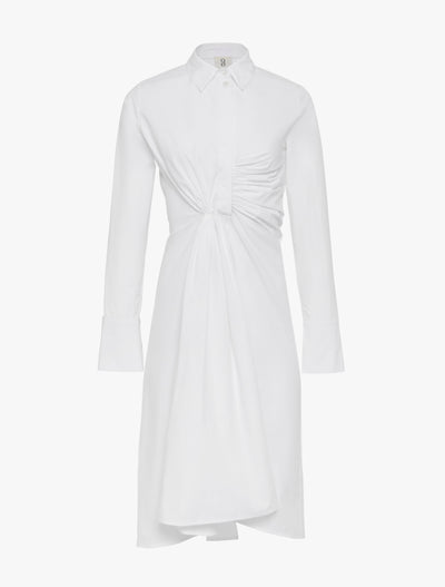 Front view of Ophelia Shirtdress in white on hanger