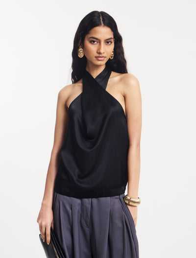 Cleo Wrap Halter Top in Black